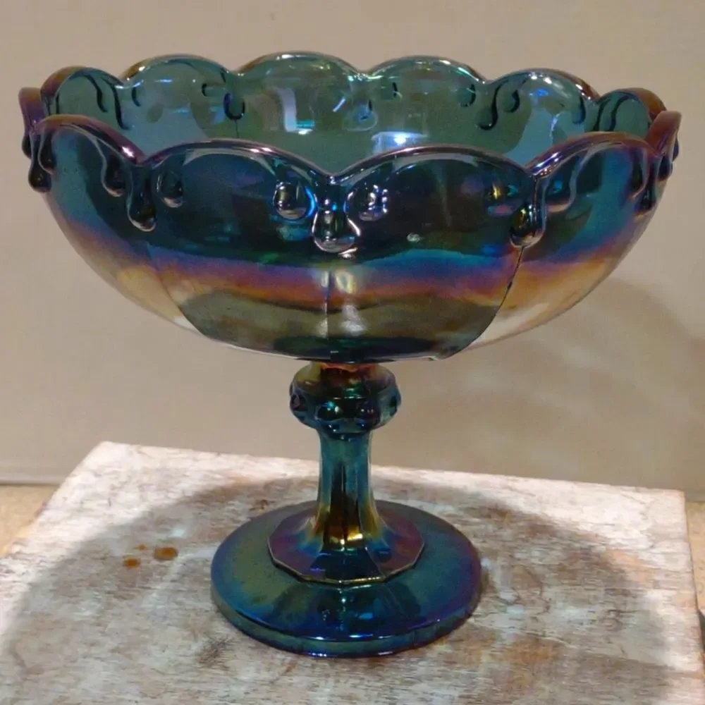Vintage Indiana Glass Blue Carnival Glass Teardrop Garland Compote Dish